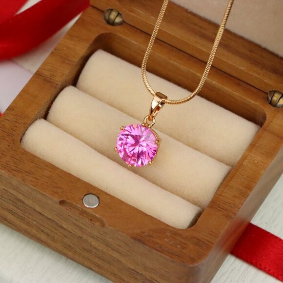 "Brilliant Round Pink Stone Rose Gold Pendant Sparkling Charm, XPPT1599 - Picture 9 of 13